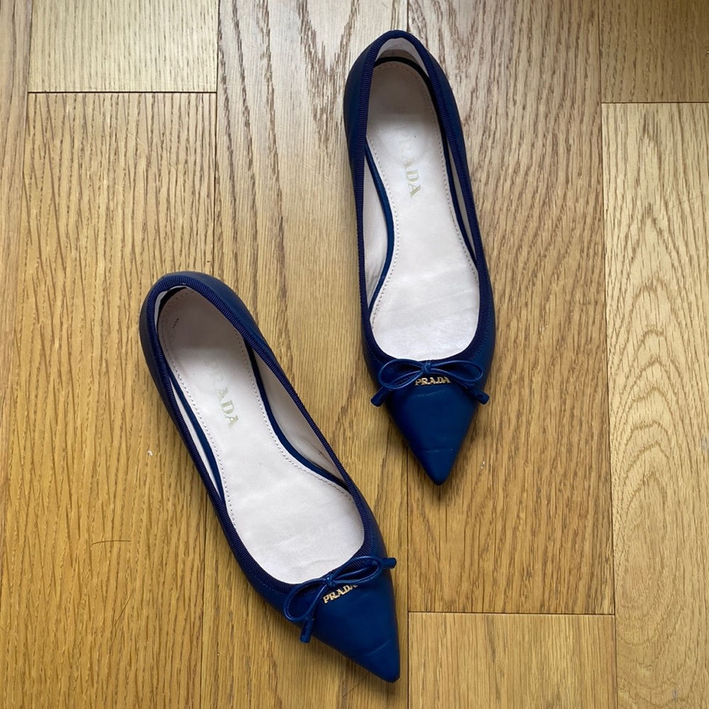 Prada Pointed Toe Blue Bow Flats Shoes 37.5